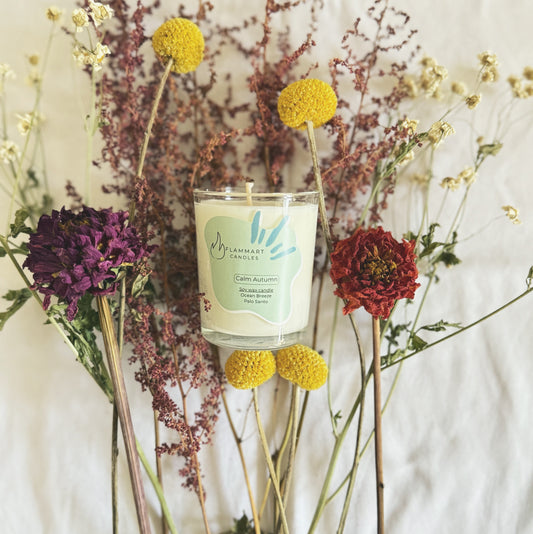Calm Autumn candle by Flammart — double-aroma soy candle with Ocean Breeze and Palo Santo.