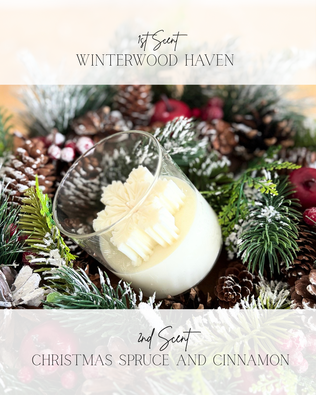 White Winter candle by Flammart — double-aroma soy candle with Winterwood Haven and Christmas Spruce & Cinnamon.