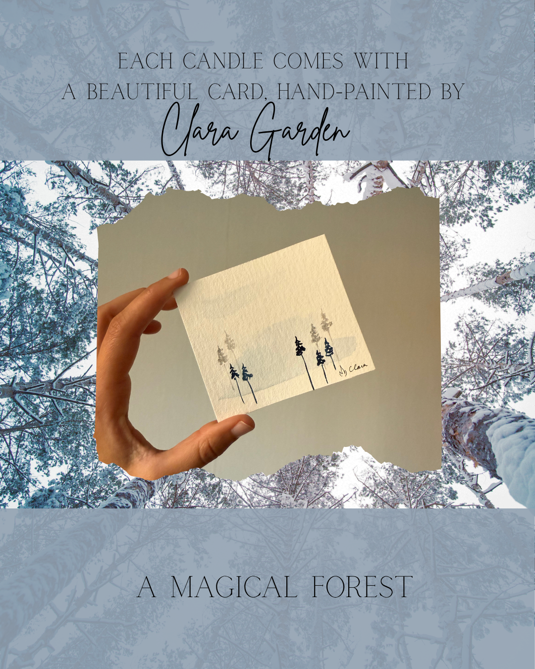 White Winter candle by Flammart — double-aroma soy candle with Winterwood Haven and Christmas Spruce & Cinnamon + Collaboration with watercolor artist Clara Garden.