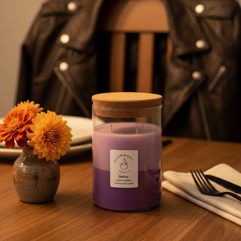Purple candle in a glass jar with wooden lid on a table with flowers and cutlery.