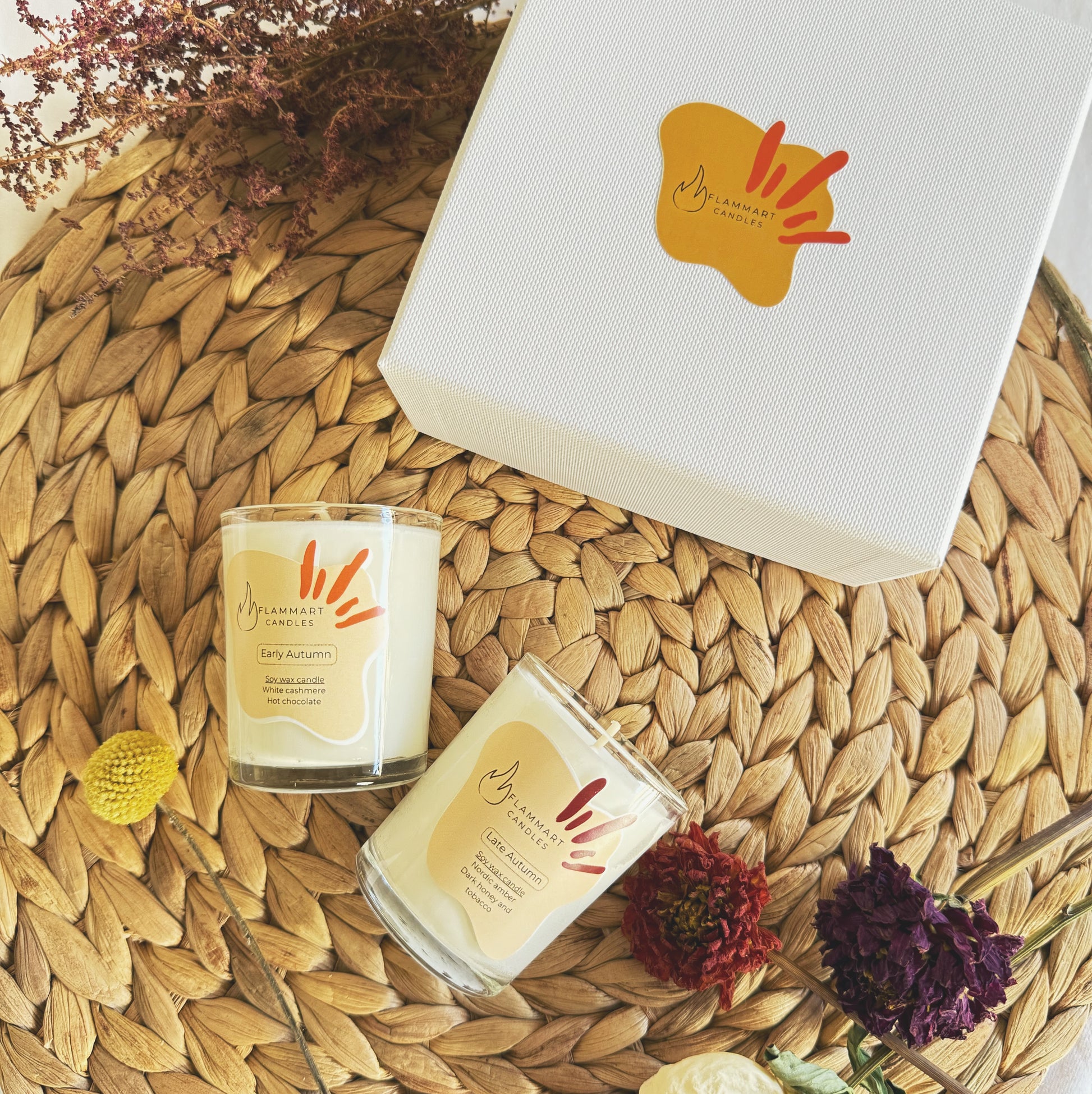 Early/Late Autumn candle duo box by Flammart — handcrafted seasonal double-aroma soy candles inspired by autumn transitions.