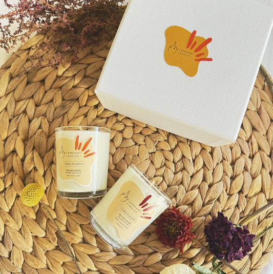 Early/Late Autumn candle duo box by Flammart — handcrafted seasonal double-aroma soy candles inspired by autumn transitions.