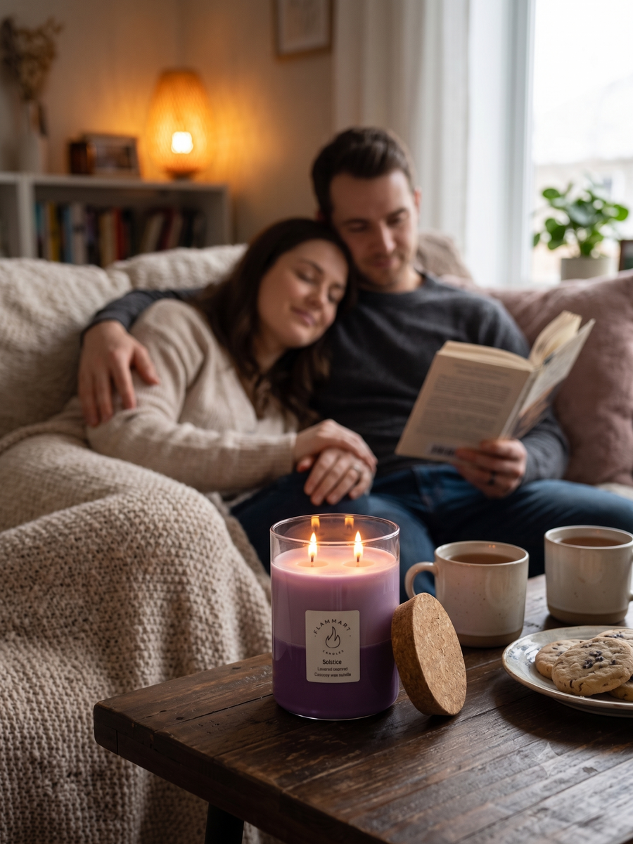 A cozy living room scene with a couple sitting on a couch reading a book, while a lit purple candle in a glass jar sits on a wooden table in the foreground with mugs and a cookie nearby.