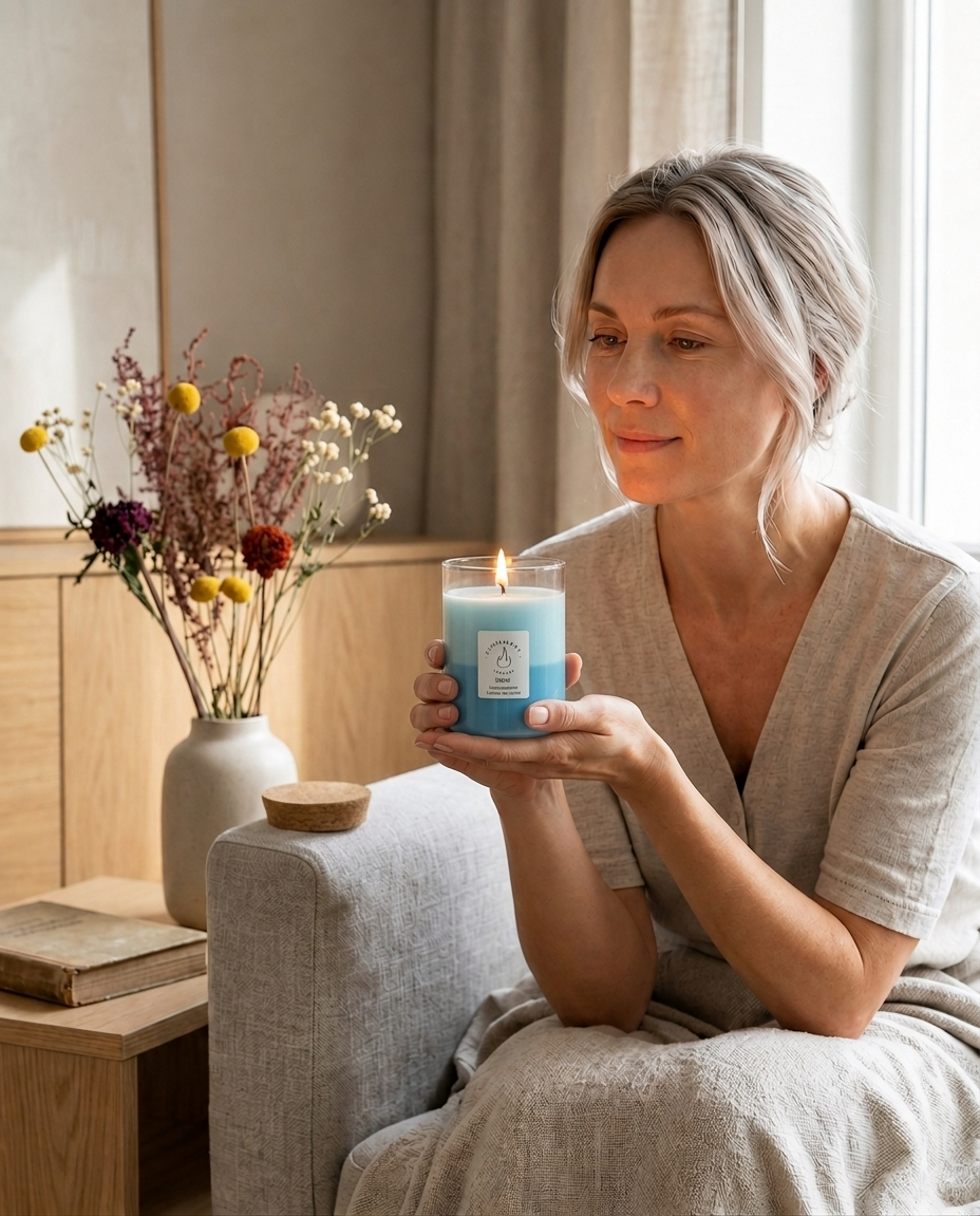 Woman holding a lit Flammart candle in a cozy Nordic interior