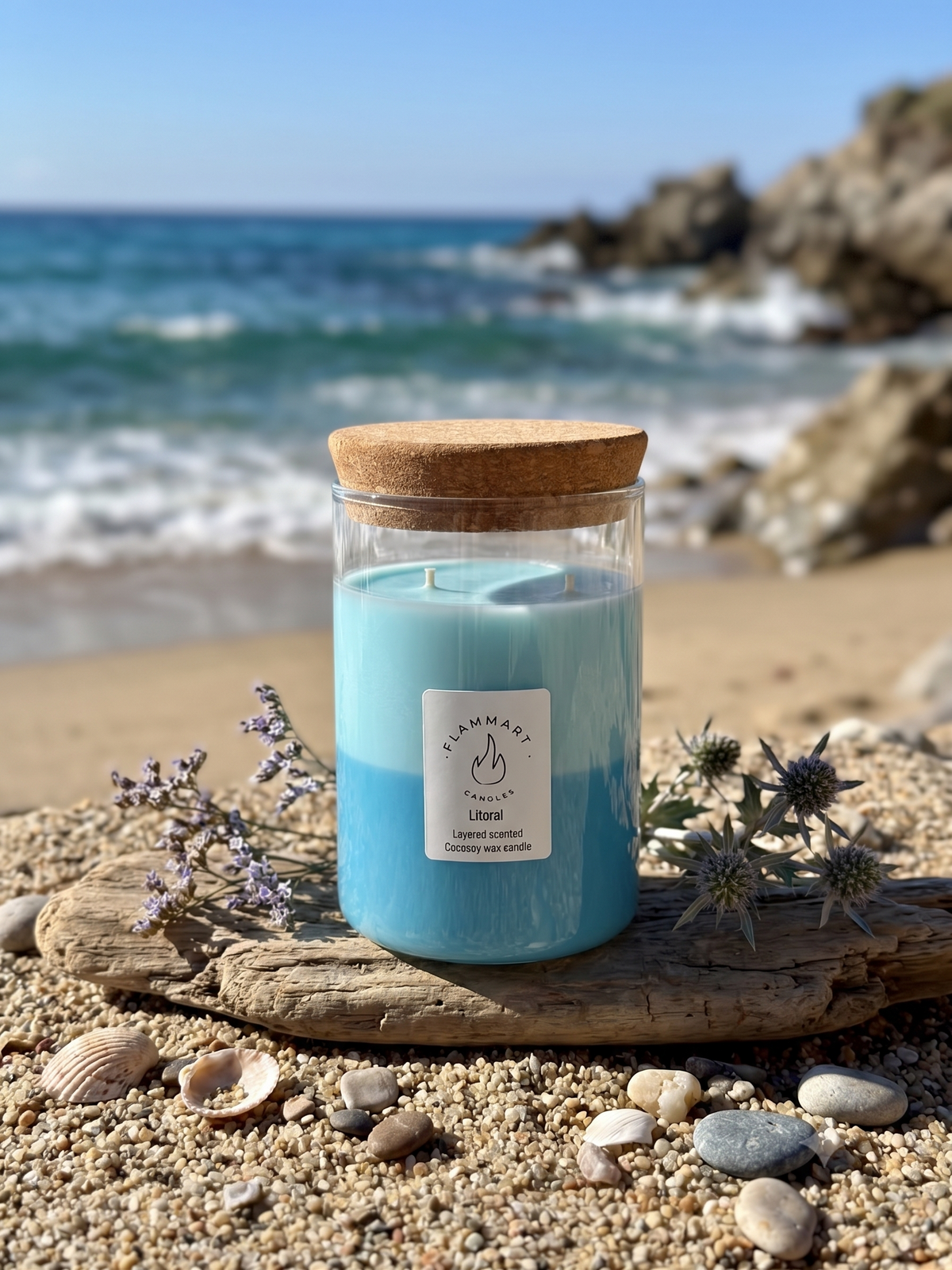 A blue layered soy wax candle in a clear glass jar with a cork lid, placed on a beach with driftwood, seashells, and sea plants. The label reads 'FLESHMAYE Candle Litoral'.