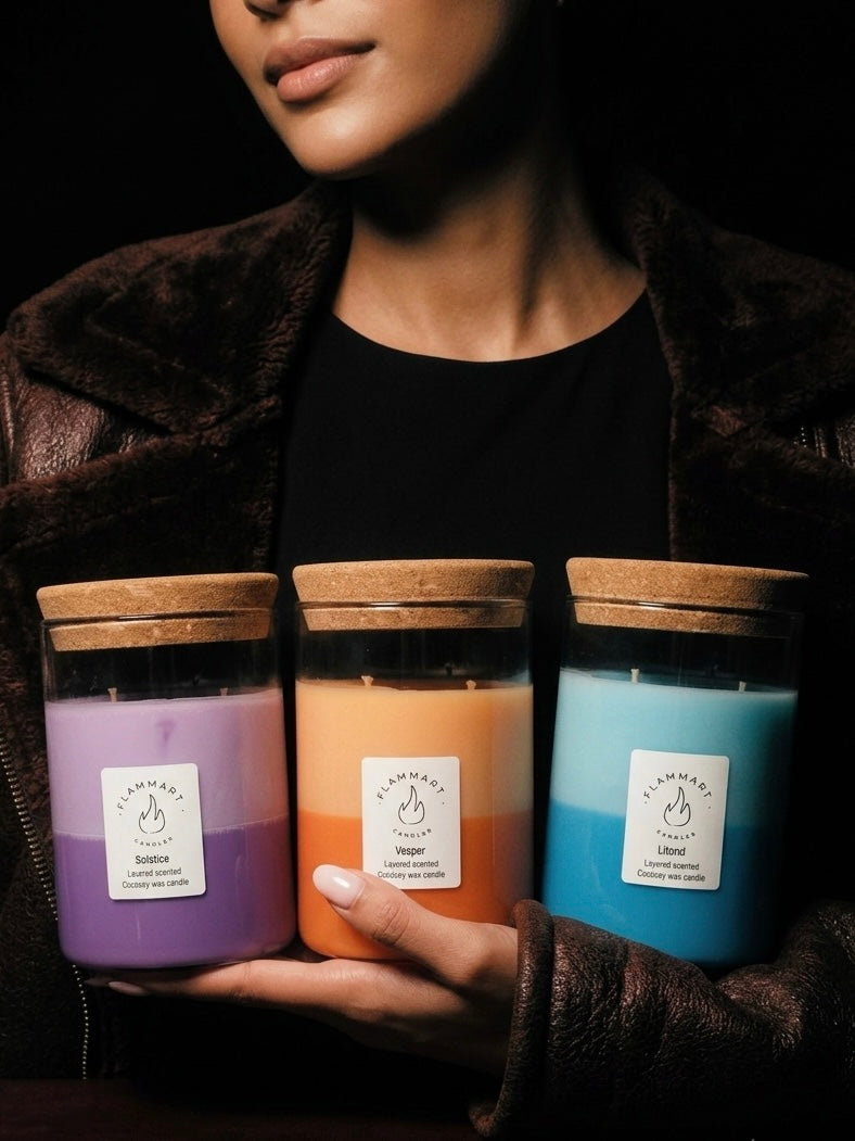 Woman holding three Flammart scented candles in different colors