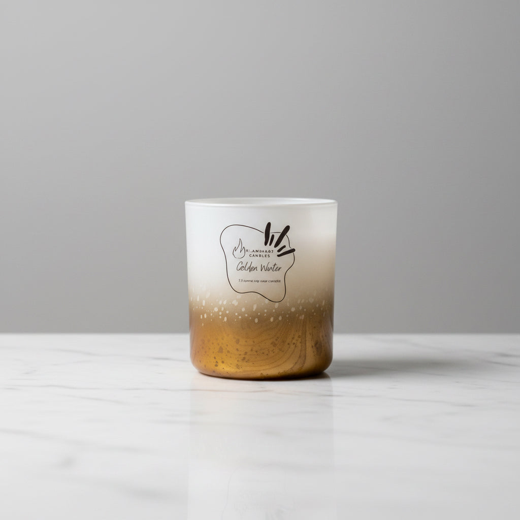 Golden Winter artisanal Christmas soy candle by Flammart with a clean minimalist background
